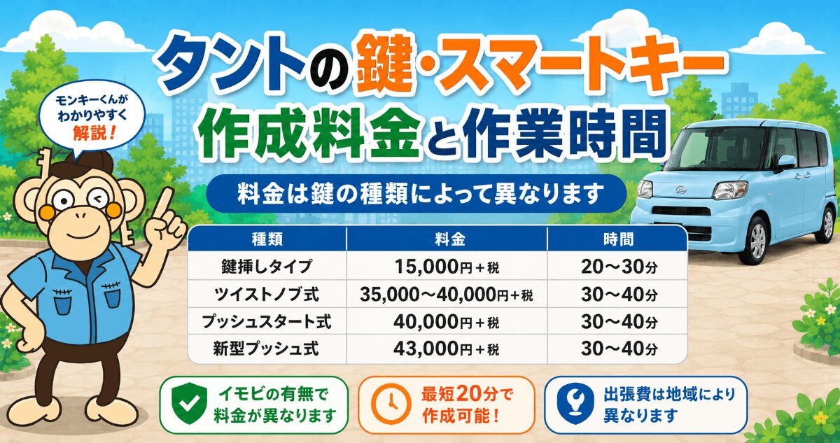 タントの鍵・スマートキー作成に掛かる料金と時間 タントの鍵・スマートキー作成に掛かる料金と時間